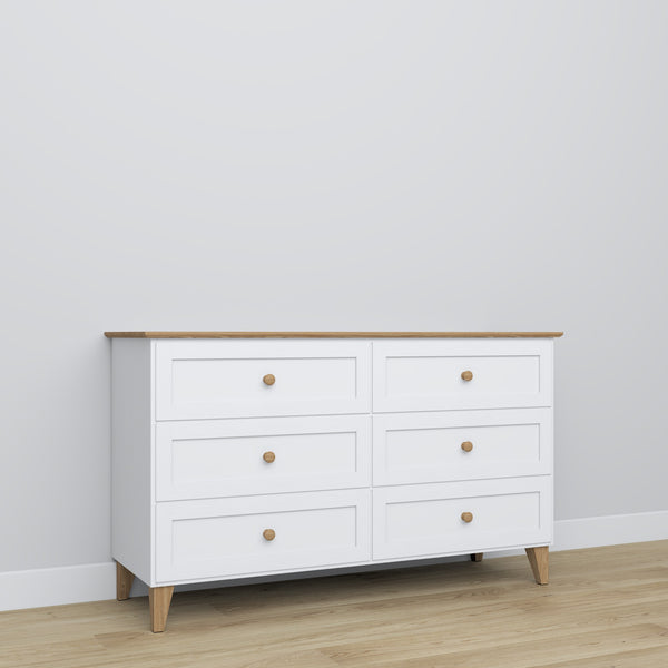 Chest of drawers 6S white with oak – wooden, closed drawers, front view, Nizio