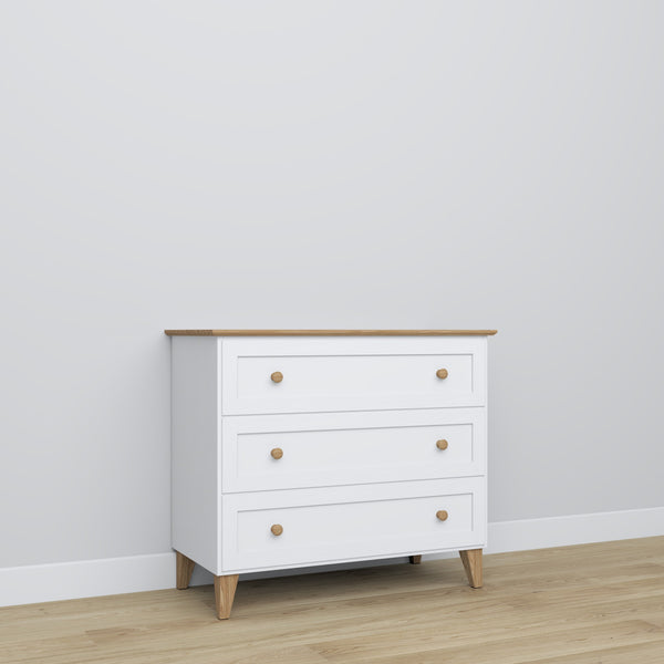 Chest of drawers 3S white with oak – wooden, closed drawers, front view, Nizio