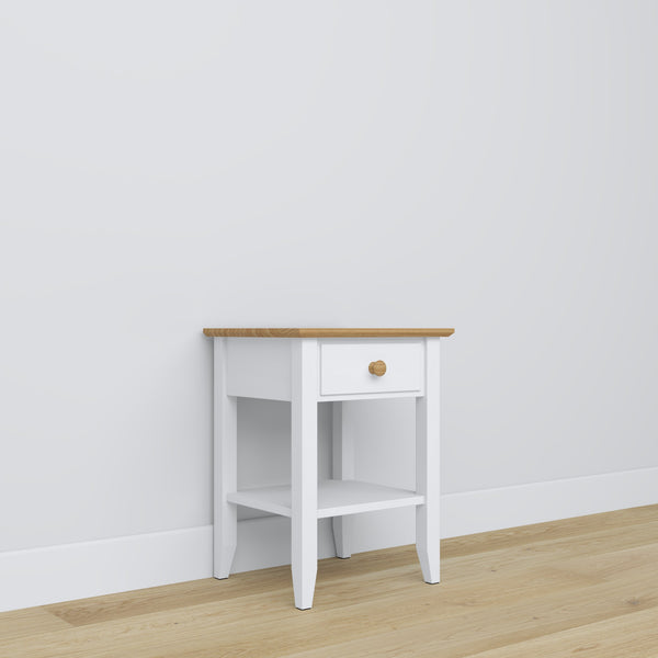Bedside table N01 white with oak – wooden, front view, Nizio Home