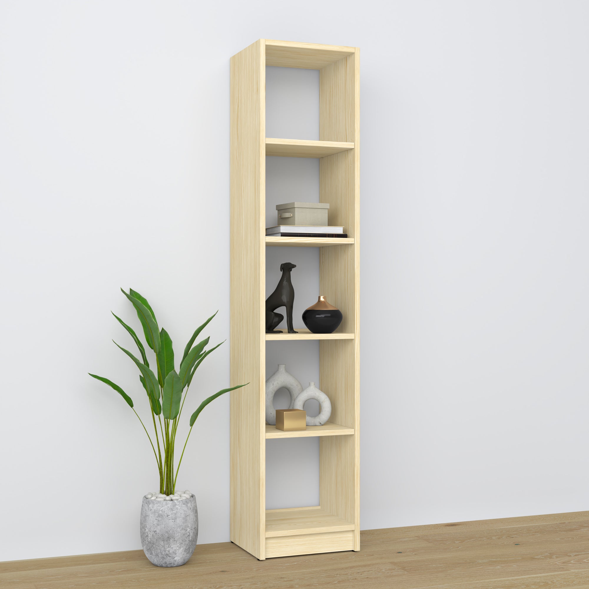 Bookcase clear pine – wooden, front view, all shelves, Nizio