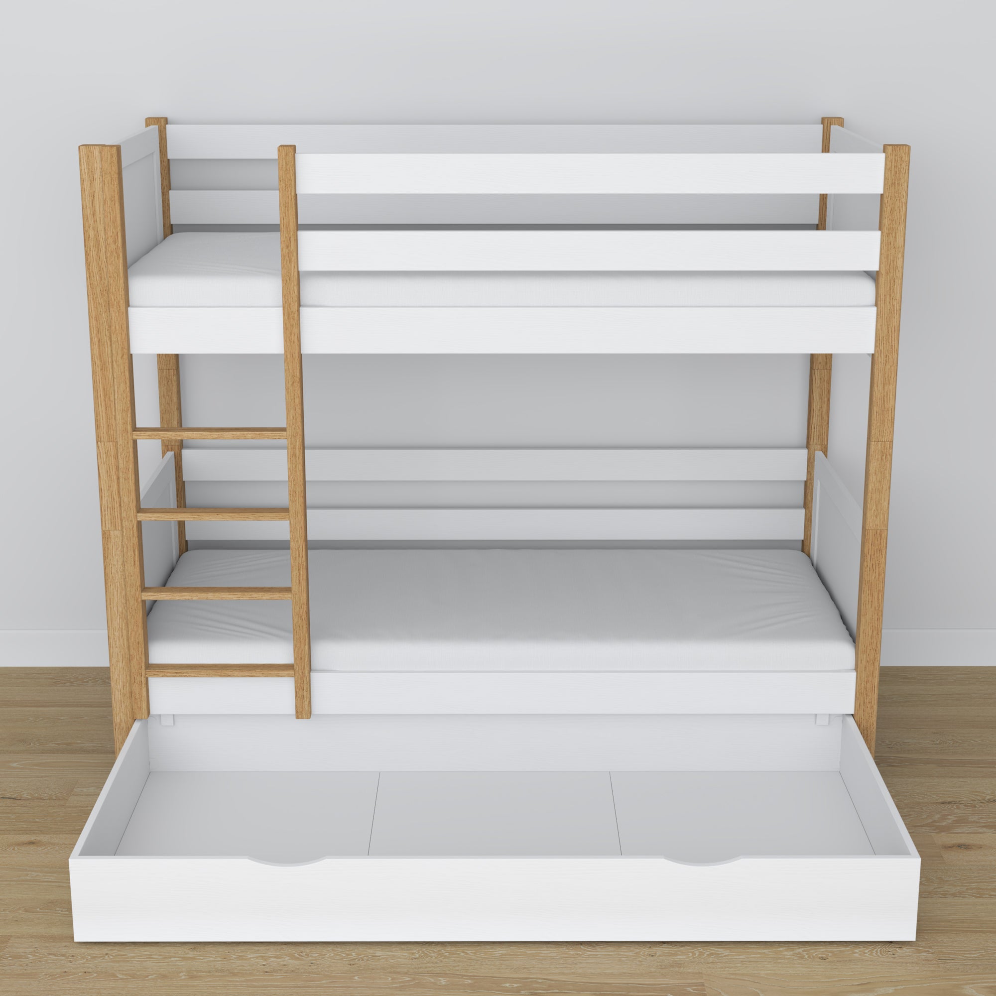 White and Oak Wooden Bunk Bed – Ladder and Joint Details, Children’s Room
