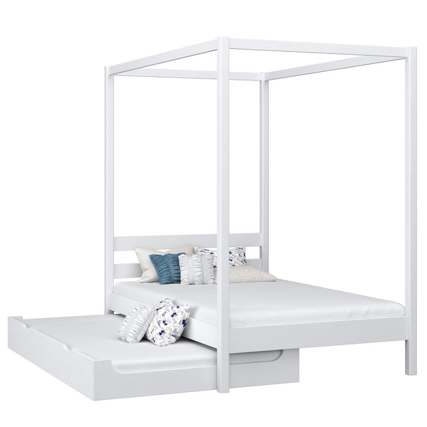 Canopy Bed White – Drawer for Additional Mattress, Wooden