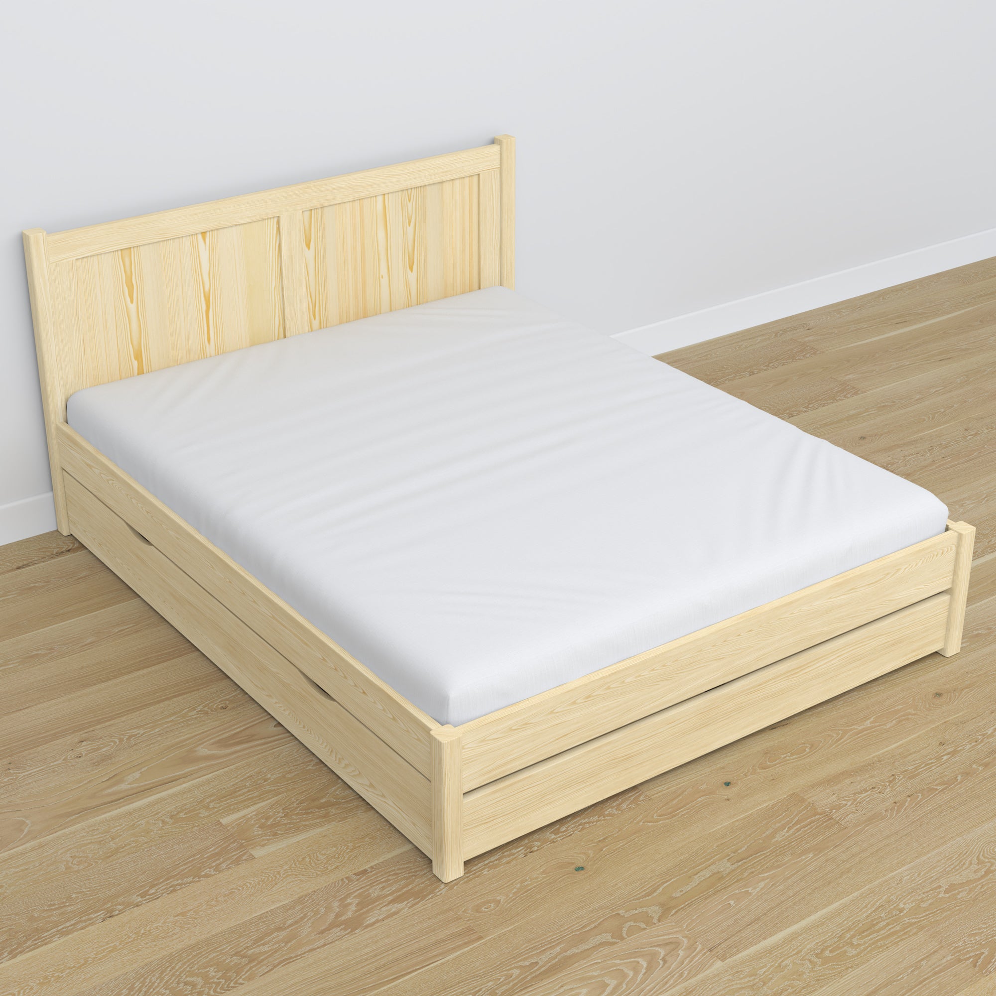Double bed clear pine – wooden legs and base, close-up