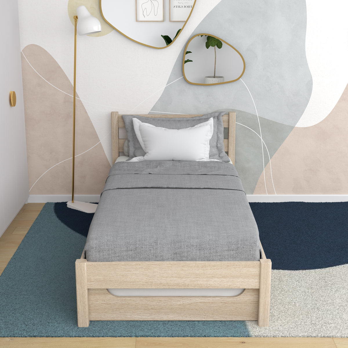 Bleached Oak Bed with Mattress Drawer – Side View, Oak, Nizio Home
