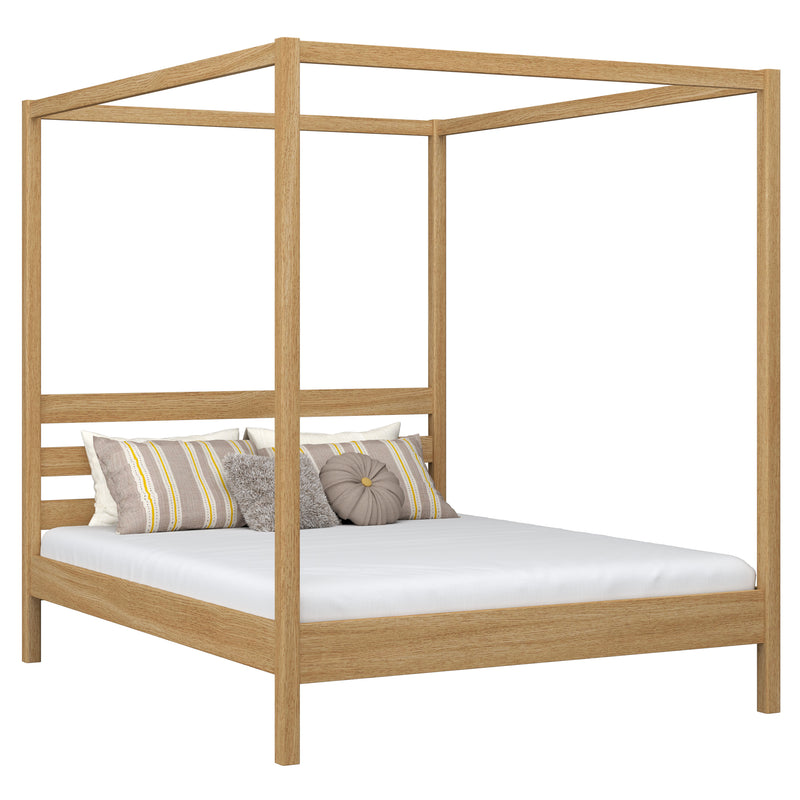 Oak canopy double bed N01 natural oak – overall view, solid oak wood