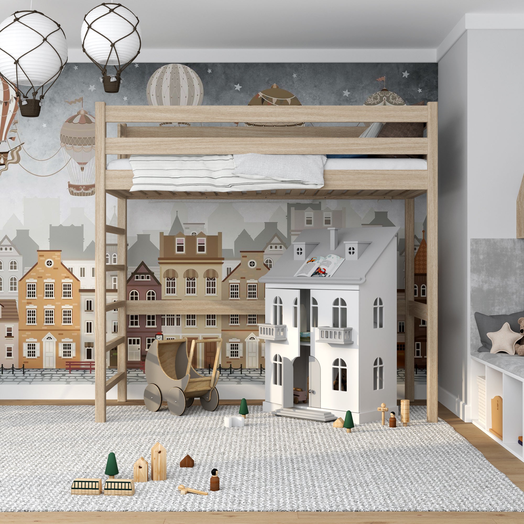 Bleached Oak Loft Bed – Children’s Room, Solid Wood, Scandi Style