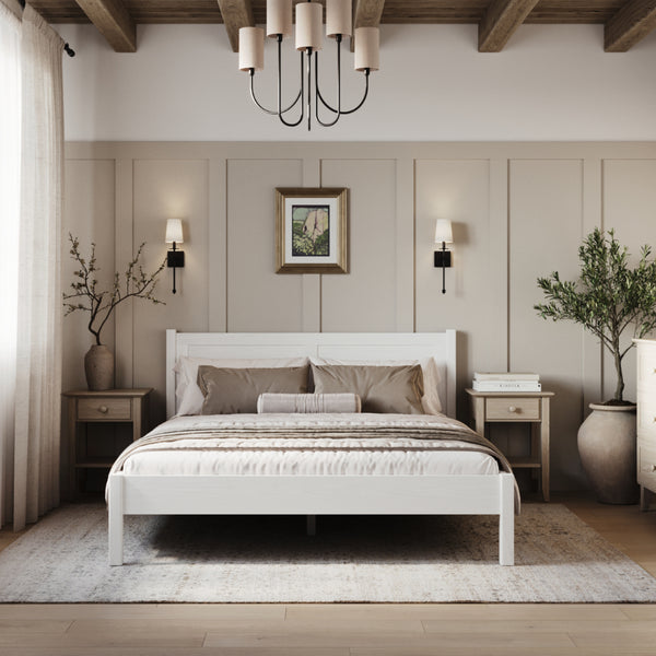 Double bed white – wooden headboard, close-up of wood quality