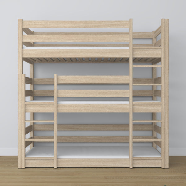 Triple bunk bed bleached oak – ladder and safety rails, wooden