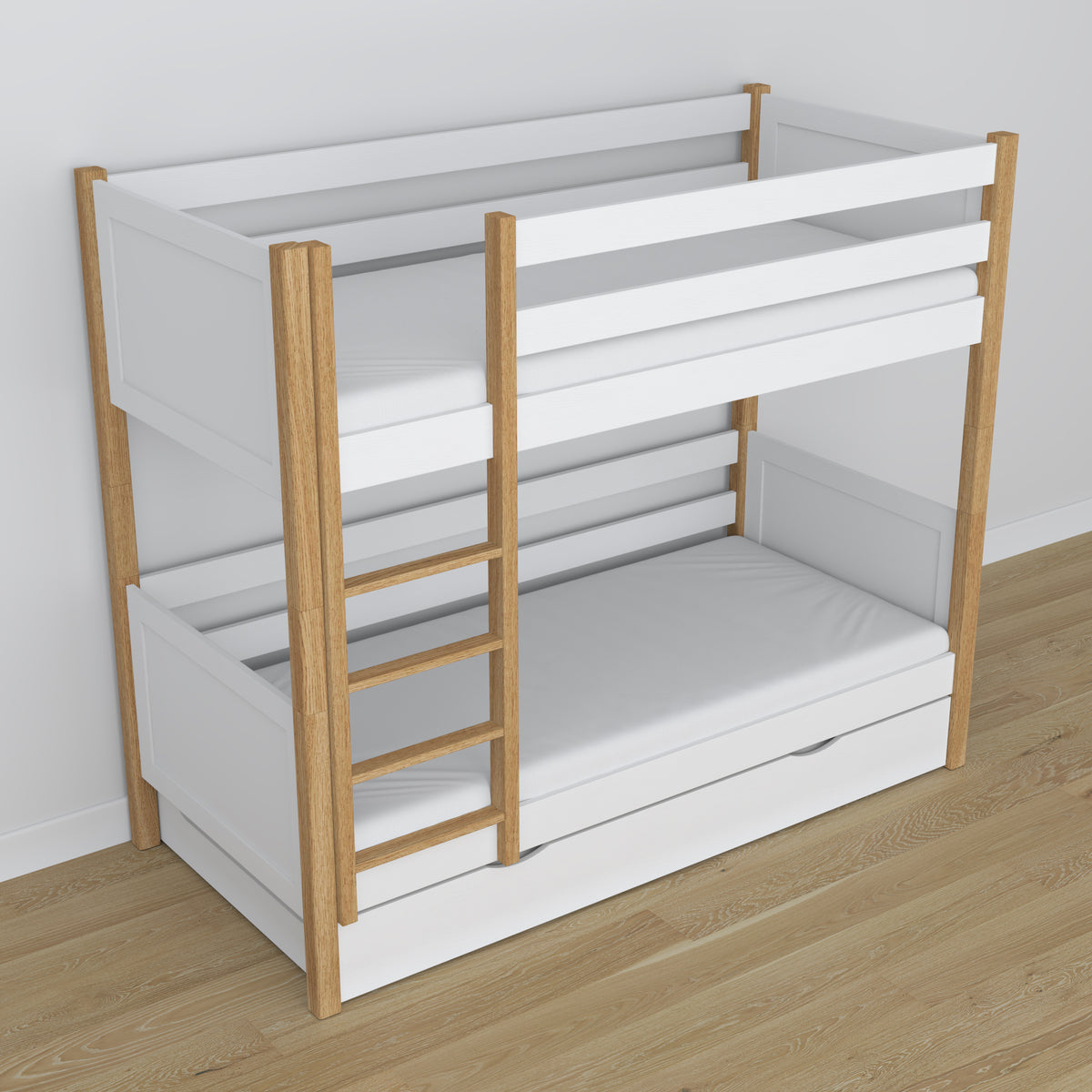White and Oak Bunk Bed for Children – Mattress Drawer, Wooden, Nizio