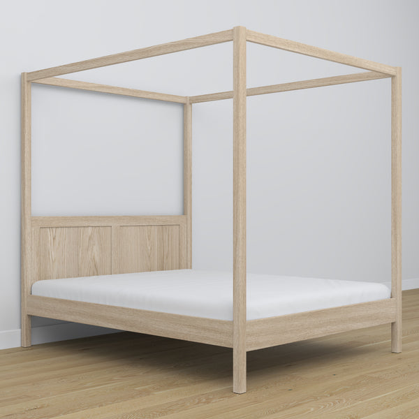 Double bed bleached oak with canopy – decorative oak frame, scandi