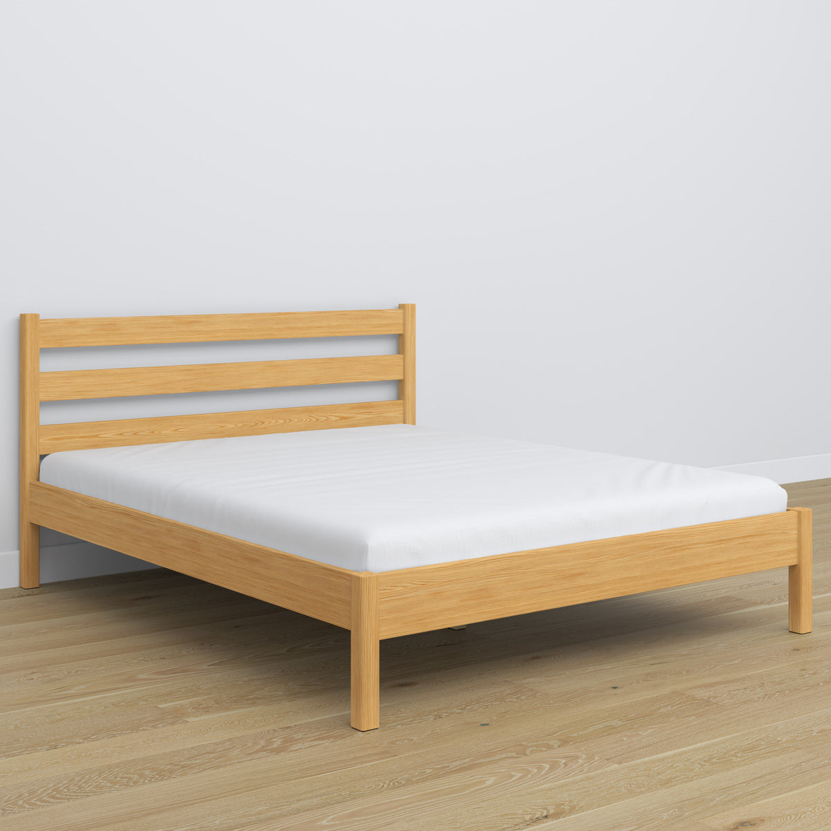 Double bed natural pine – wooden headboard, close-up of wood quality