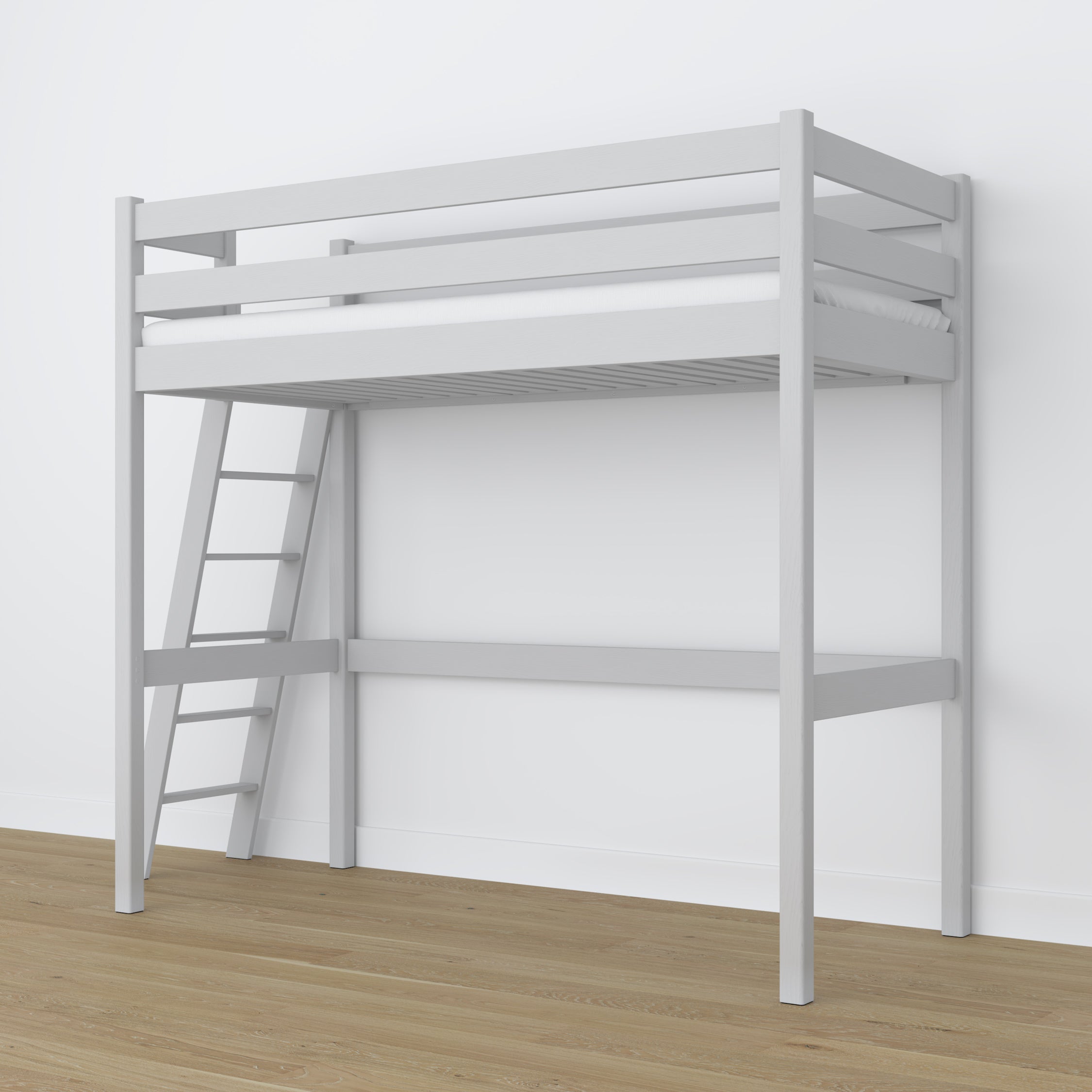Loft bed grey wooden – top view of the sleeping area