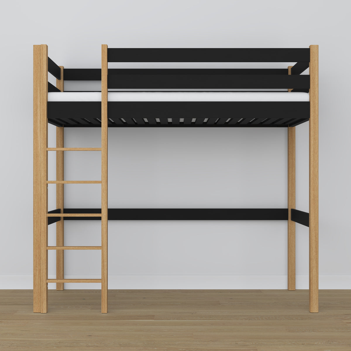 Black and Oak Wooden Loft Bed – Slatted Frame, Side View