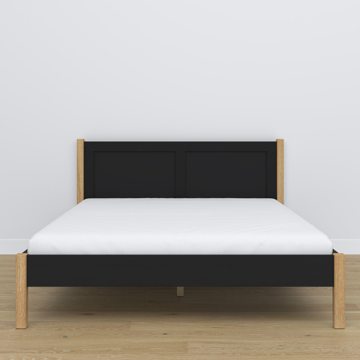 Wooden double bed black and oak – side view, proportions and shape, bedroom