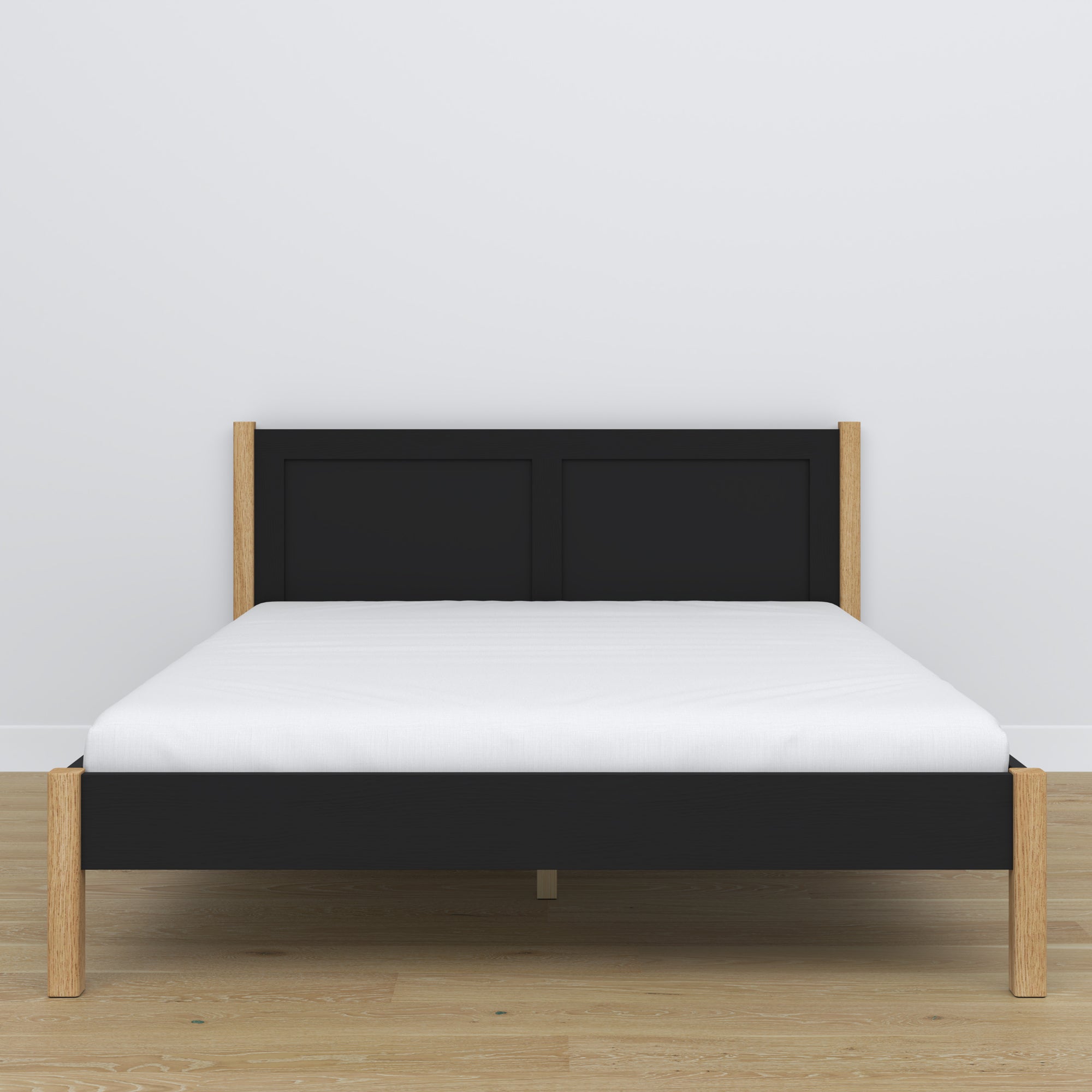 Wooden double bed black and oak – side view, proportions and shape, bedroom