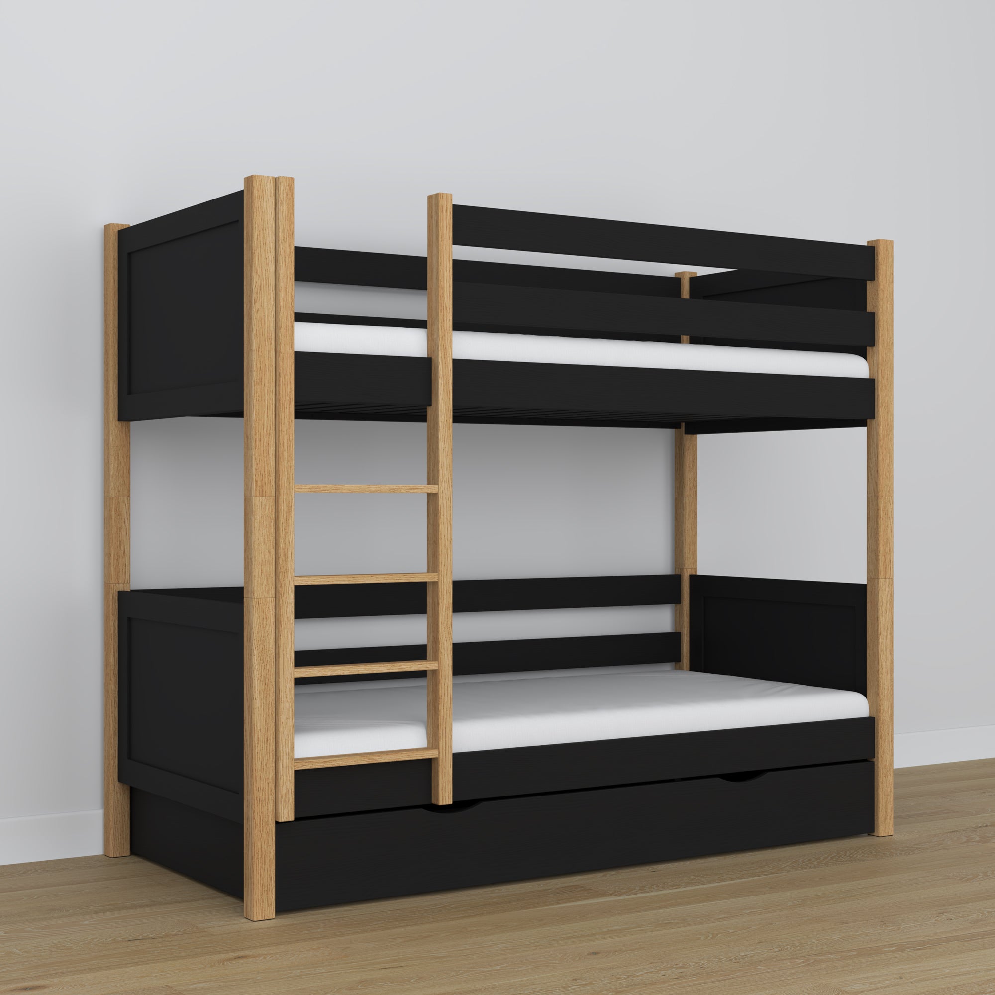 Black and Oak Wooden Bunk Bed – Ladder and Joint Details, Children’s Room