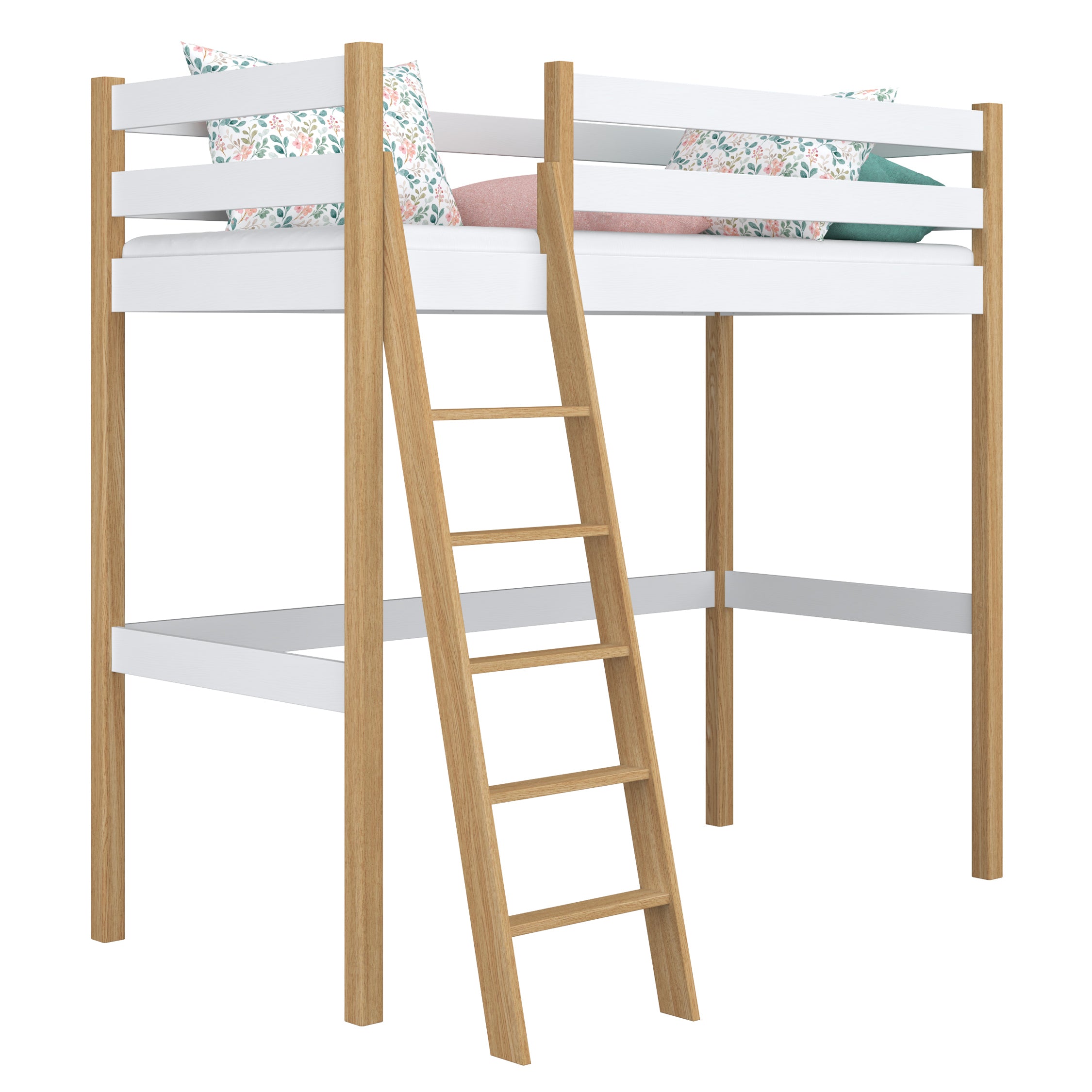 Loft bed white/oak – wooden ladder and safety rail, Nizio Home