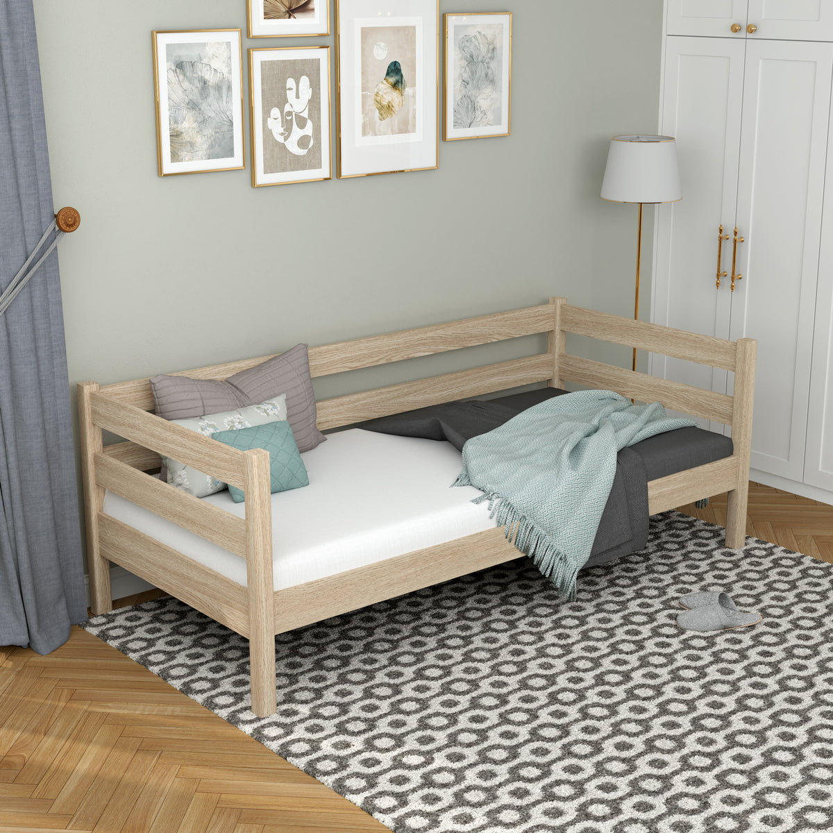 Sofa bed bleached oak in a children’s room – scandi arrangement, oak