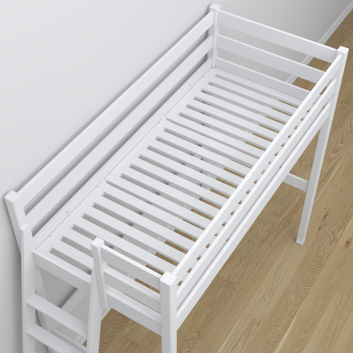 Loft bed white wooden – top view of the sleeping area, Nizio