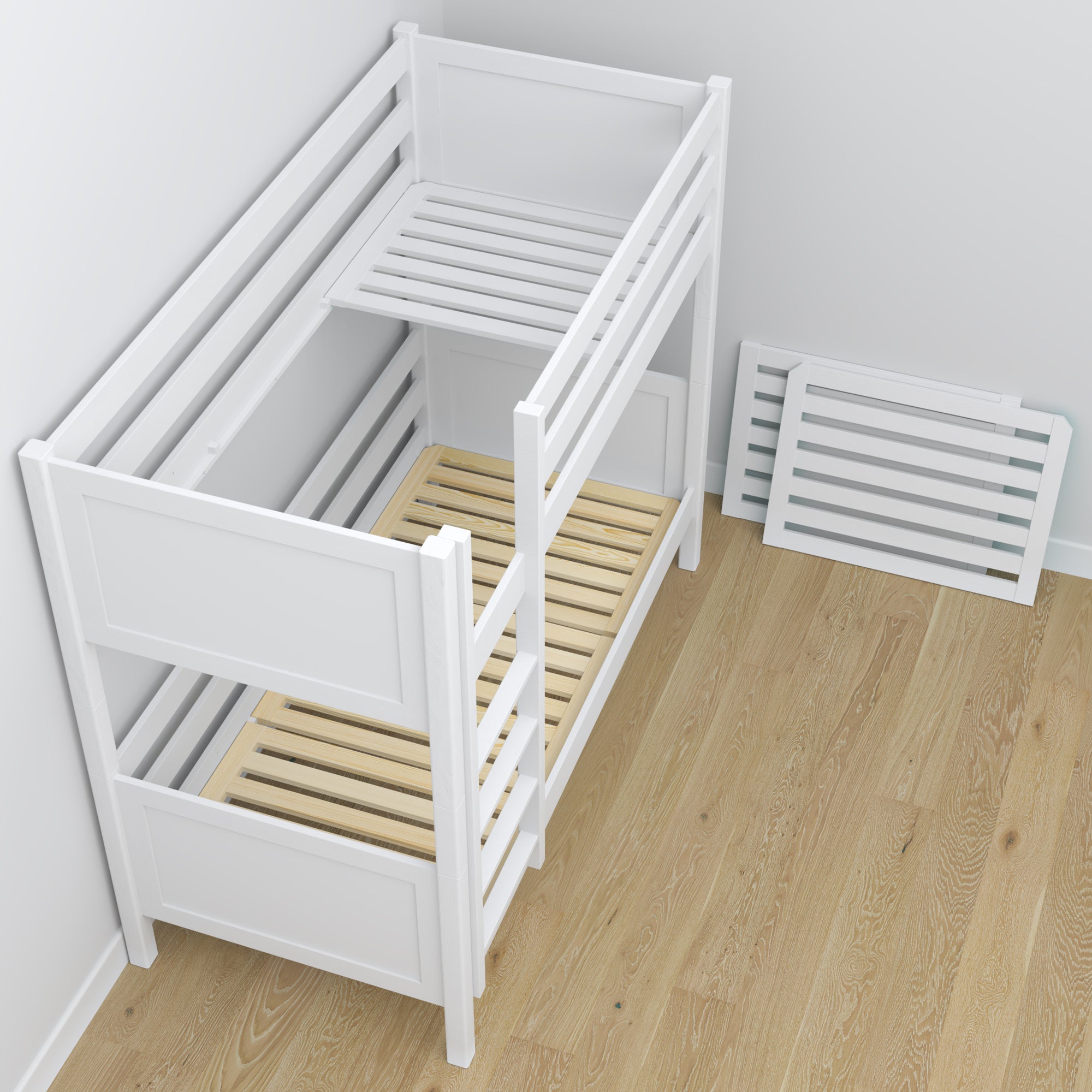 White Wooden Bunk Bed – Slatted Frame, Durable Joinery Joints