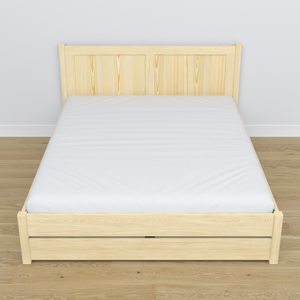 Double bed with wooden drawer clear pine – angled view, scandi bedroom