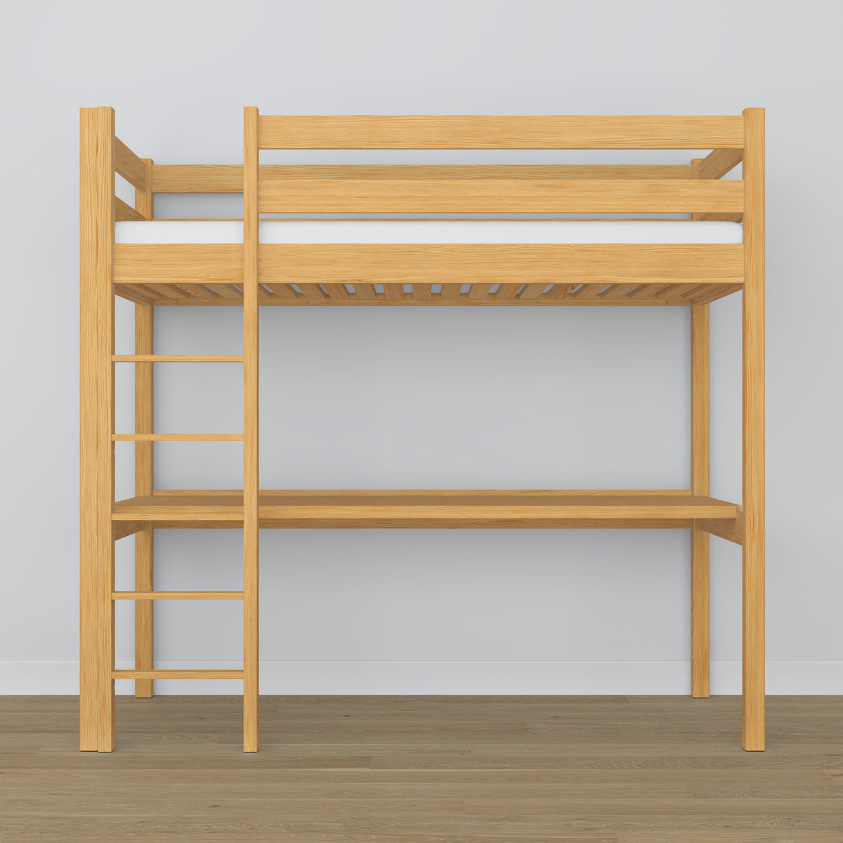 Loft bed natural pine with desk – study space under the sleeping area, wooden
