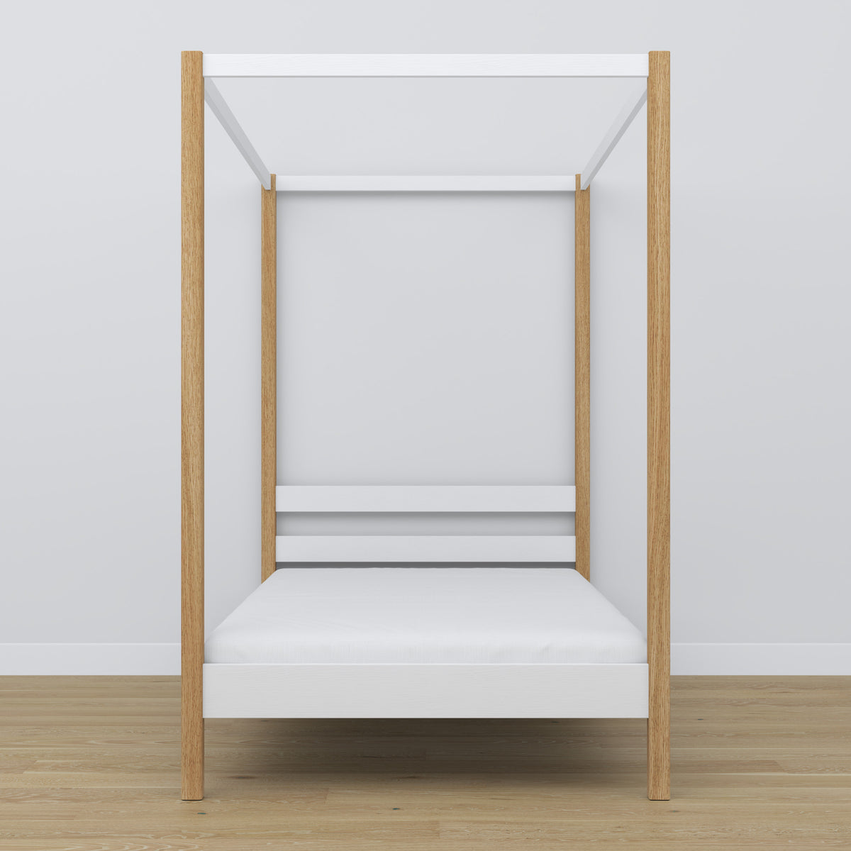 Wooden canopy bed white-oak – close-up of canopy and headboard