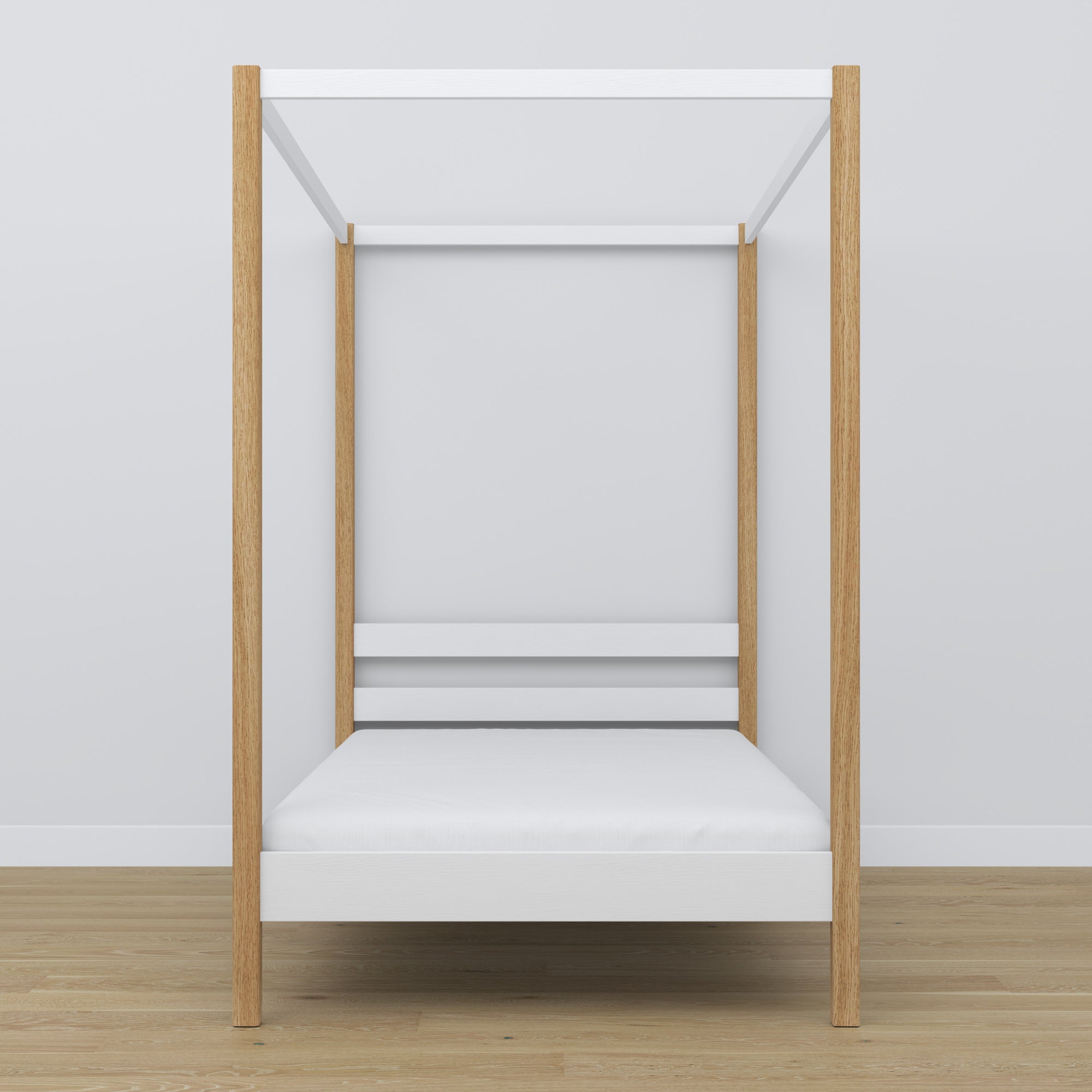 Wooden canopy bed white-oak – close-up of canopy and headboard