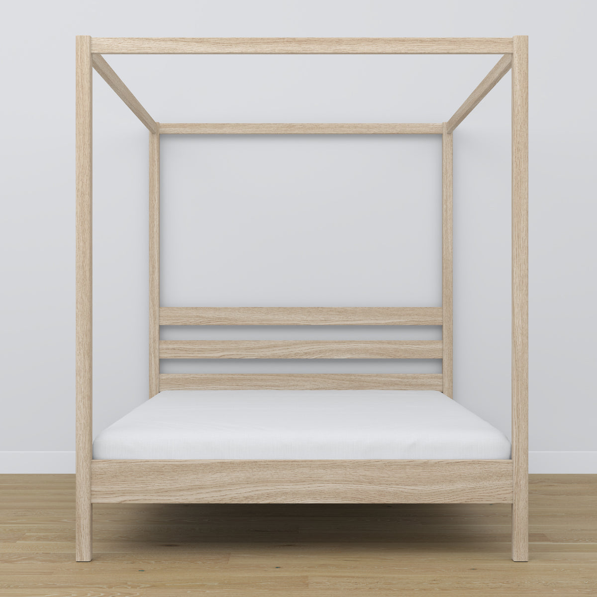 Oak double bed with canopy bleached oak – headboard and frame, close-up