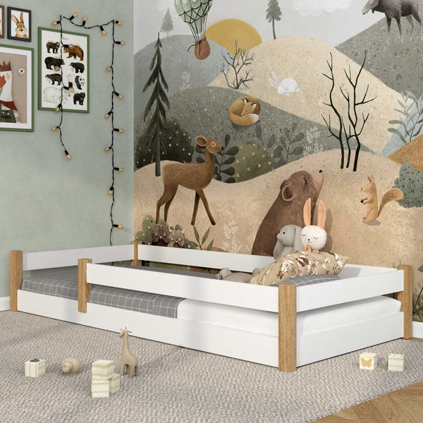 Low Bed White and Oak – Wooden Headboard, Close-up of Wood Quality