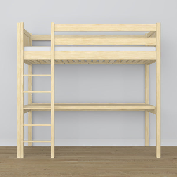 Loft bed clear pine with desk – study space under the sleeping area, wooden