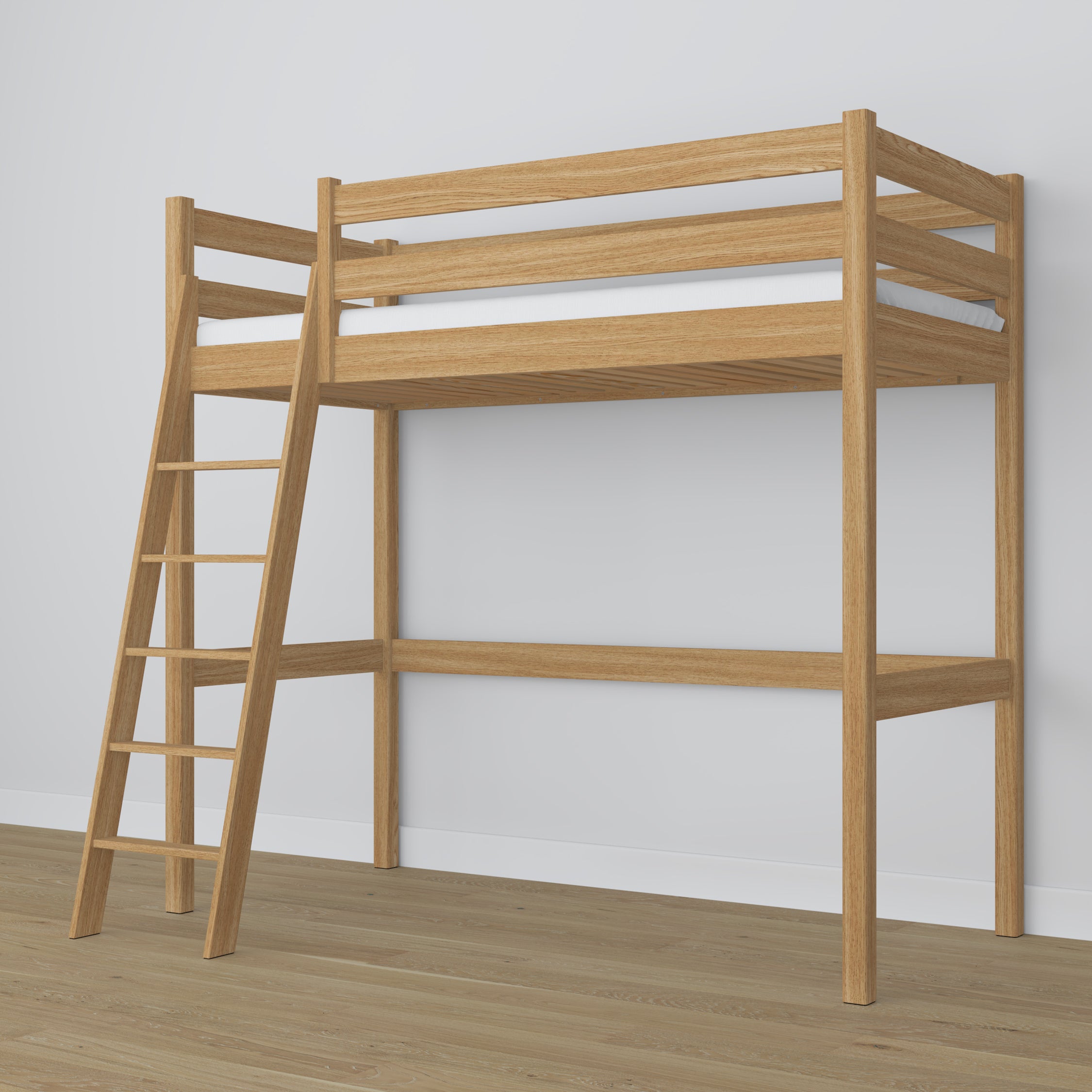 Natural Oak Loft Bed – Slatted Frame, Side View