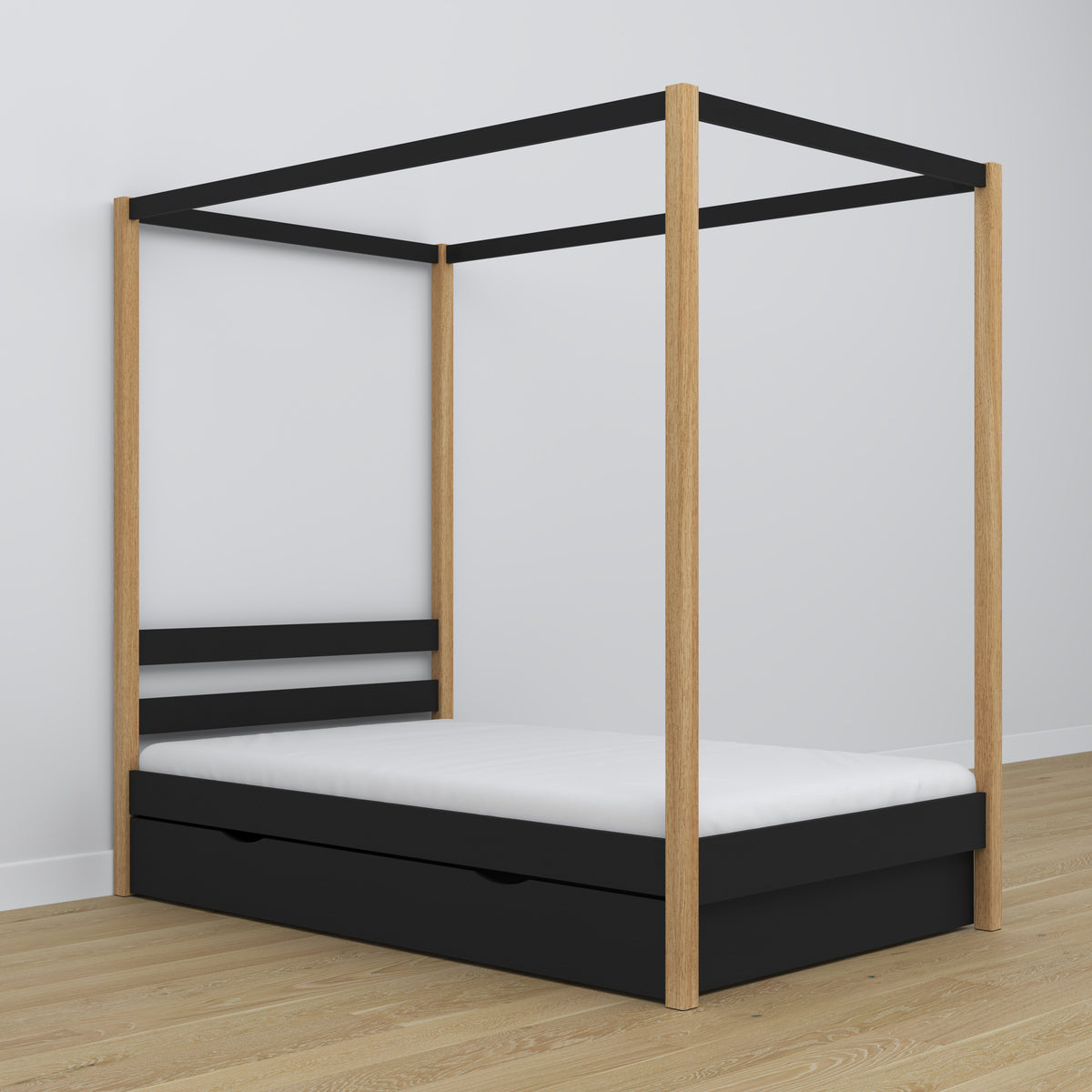 Wooden black-oak canopy bed – decorative frame, child’s room