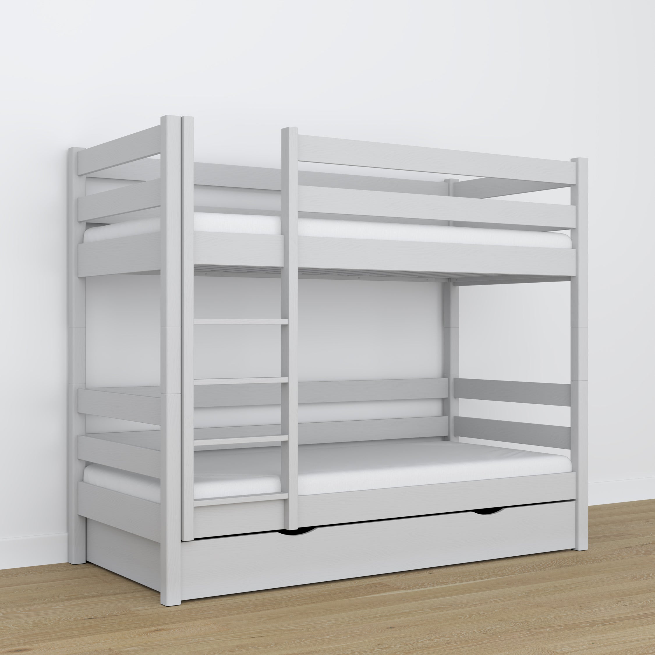 Grey Bunk Bed – Wooden Slatted Frame, Side View