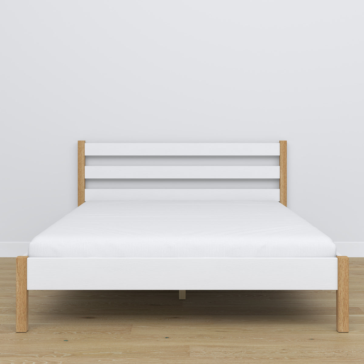 Wooden double bed white and oak – side view, proportions and shape, bedroom