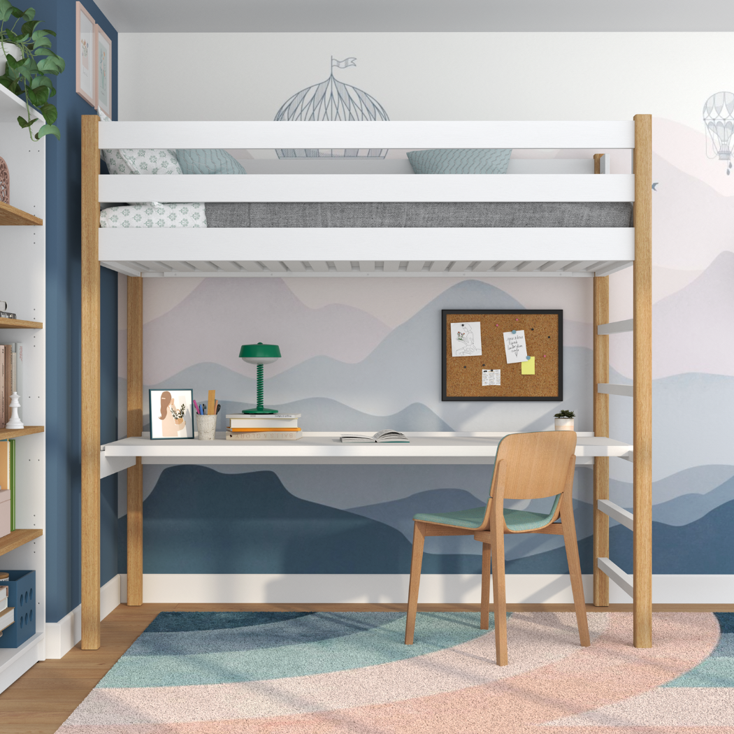 Loft bed white/oak with desk – study space under the sleeping area, wooden