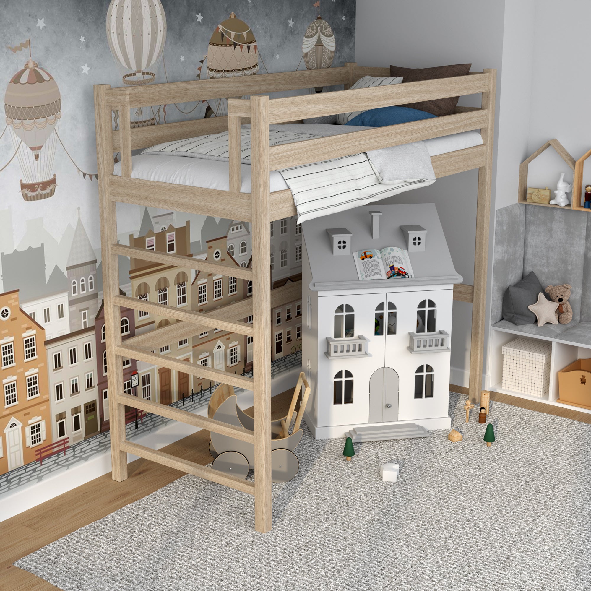 Loft bed bleached oak in children’s room – scandi arrangement, oak
