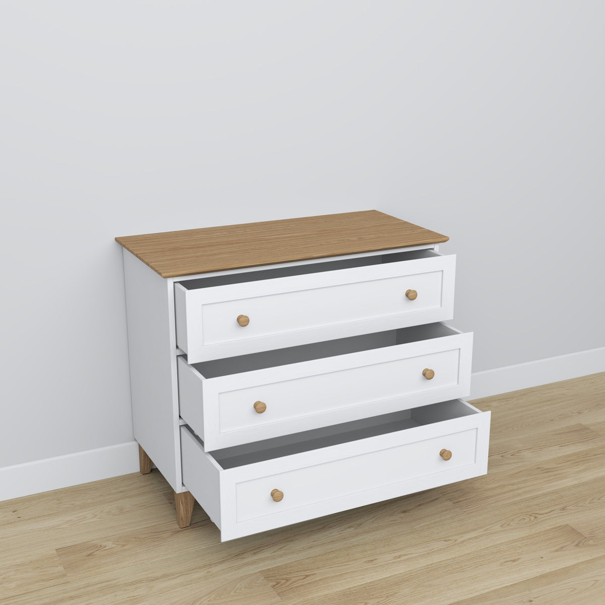 Chest of drawers 3S wooden white with oak – open drawers, spacious storage compartments