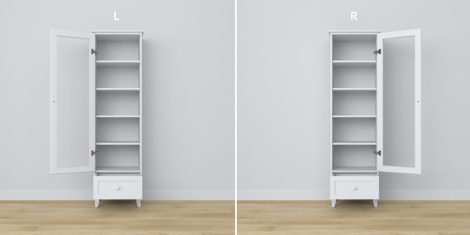 Display cabinet 1S 57 white – glass door hinges, wooden, close-up