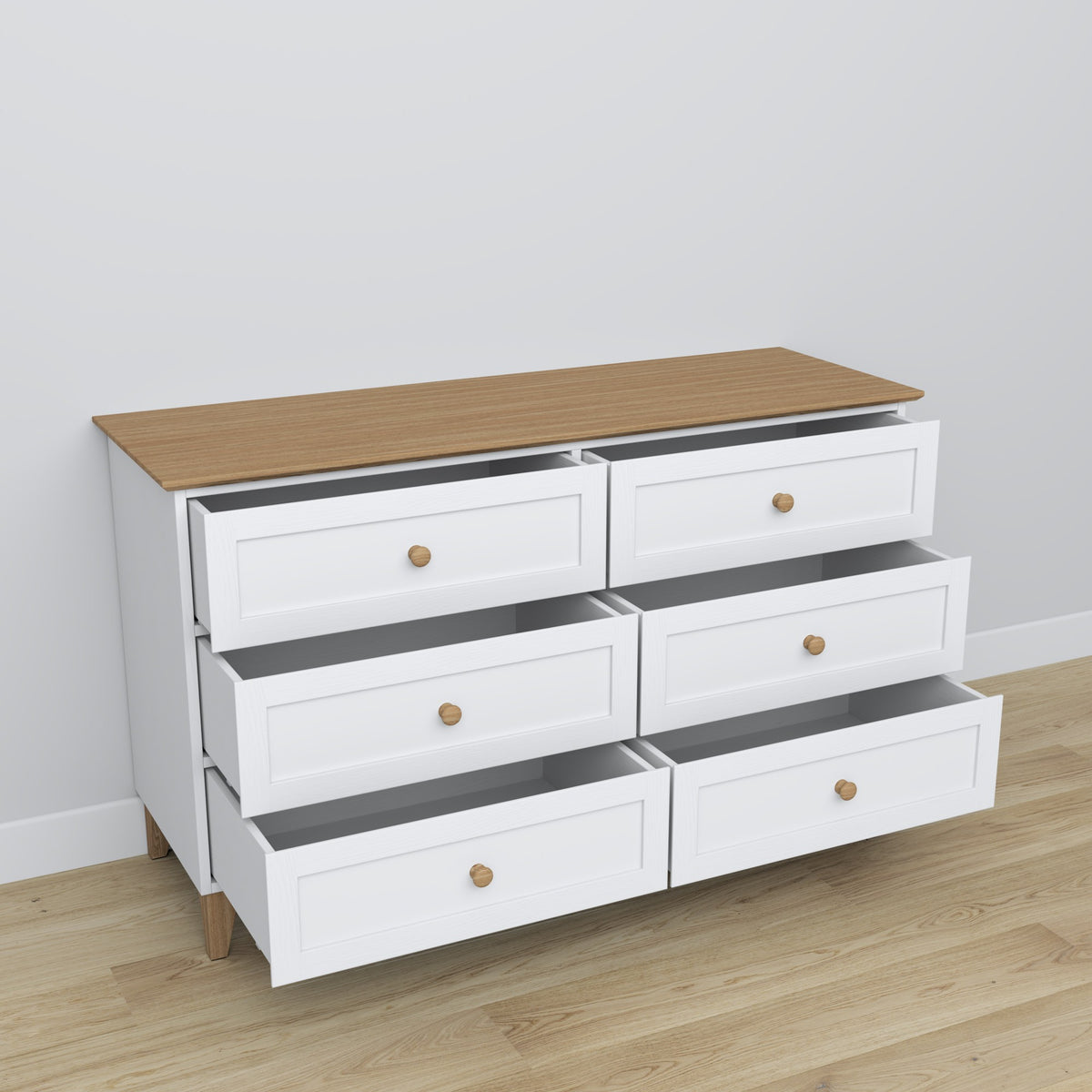 Chest of drawers 6S wooden white with oak – open drawers, spacious storage compartments