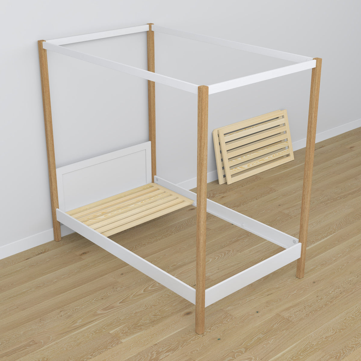 Bed white/oak canopy bed in children’s room – scandi arrangement