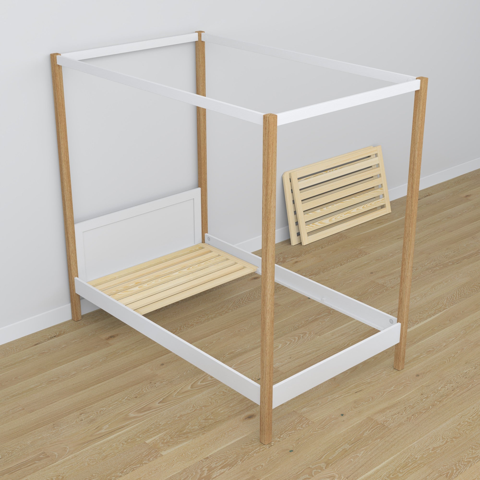 Bed white/oak canopy bed in children’s room – scandi arrangement