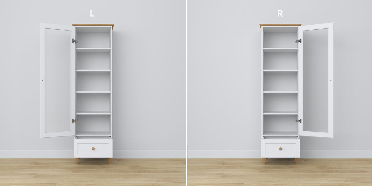 Display cabinet 1S 57 white with oak – glass door hinges, wooden, close-up
