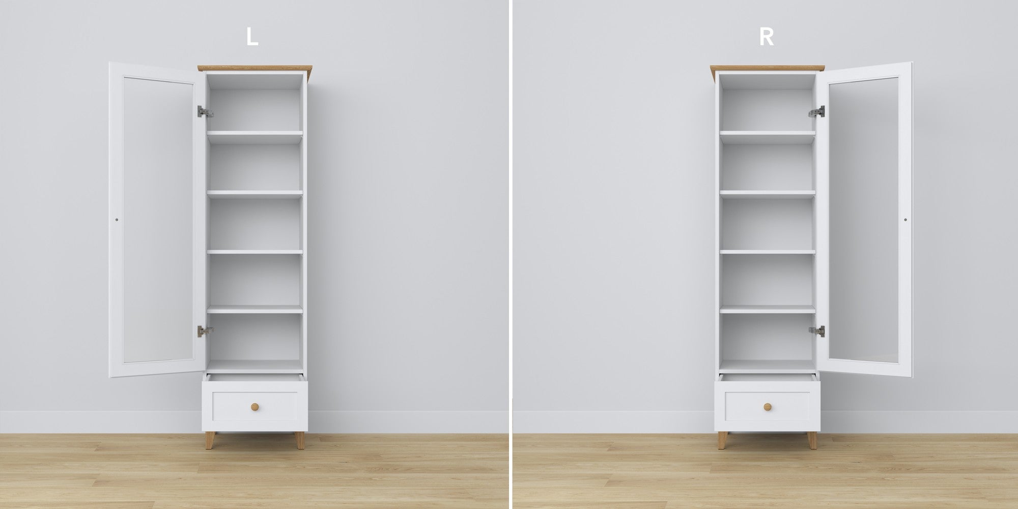 Display cabinet 1S 57 white with oak – glass door hinges, wooden, close-up