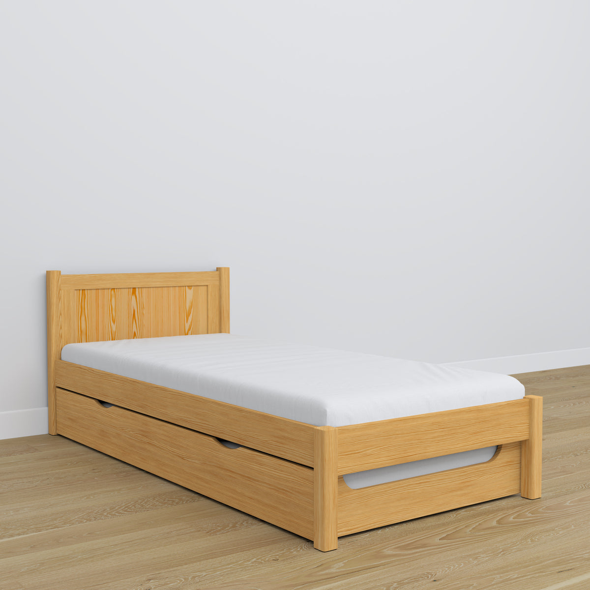 Natural pine bed with mattress drawer – side view, wooden, Nizio Home