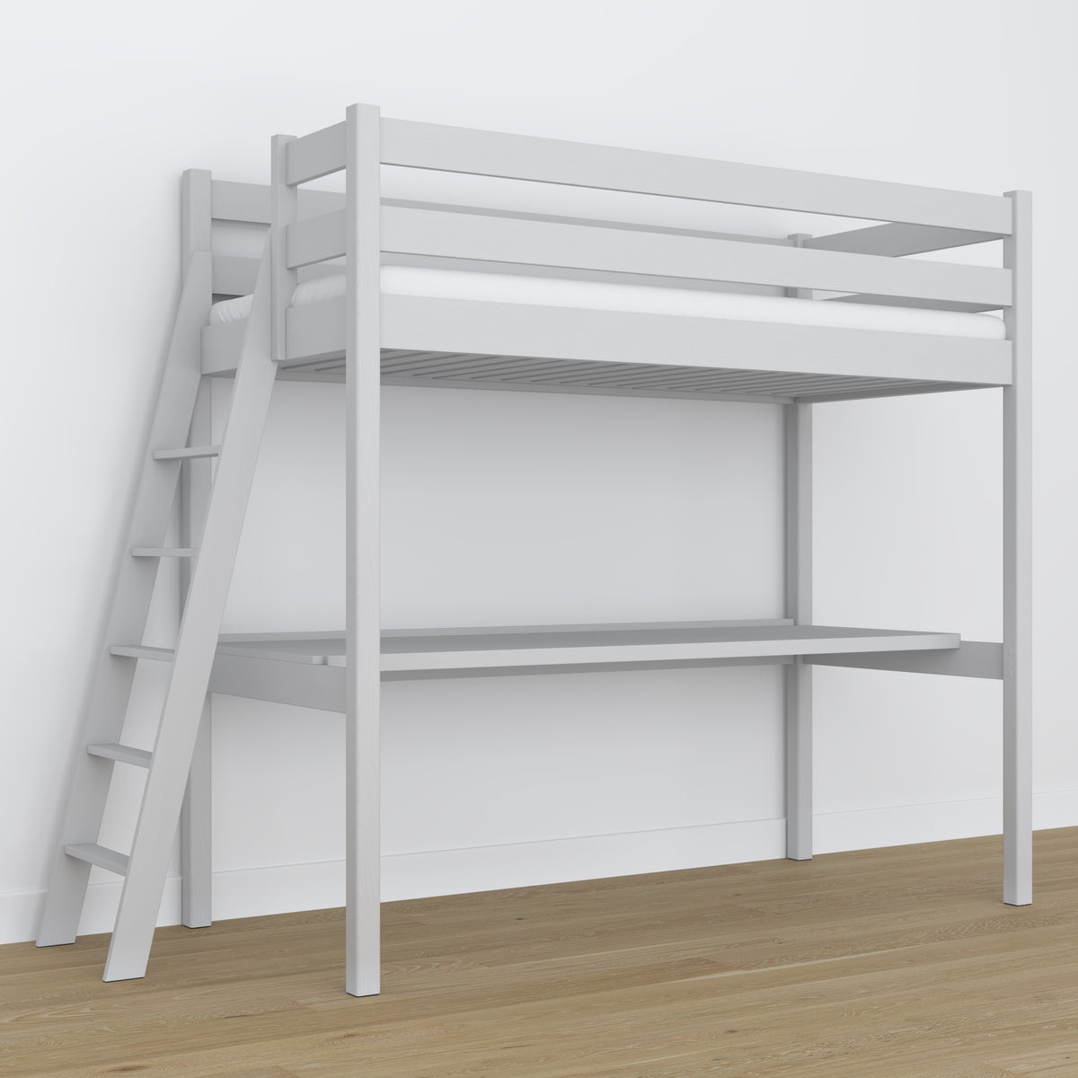 Grey Wooden Loft Bed with Desk – Ladder and Safety Rail