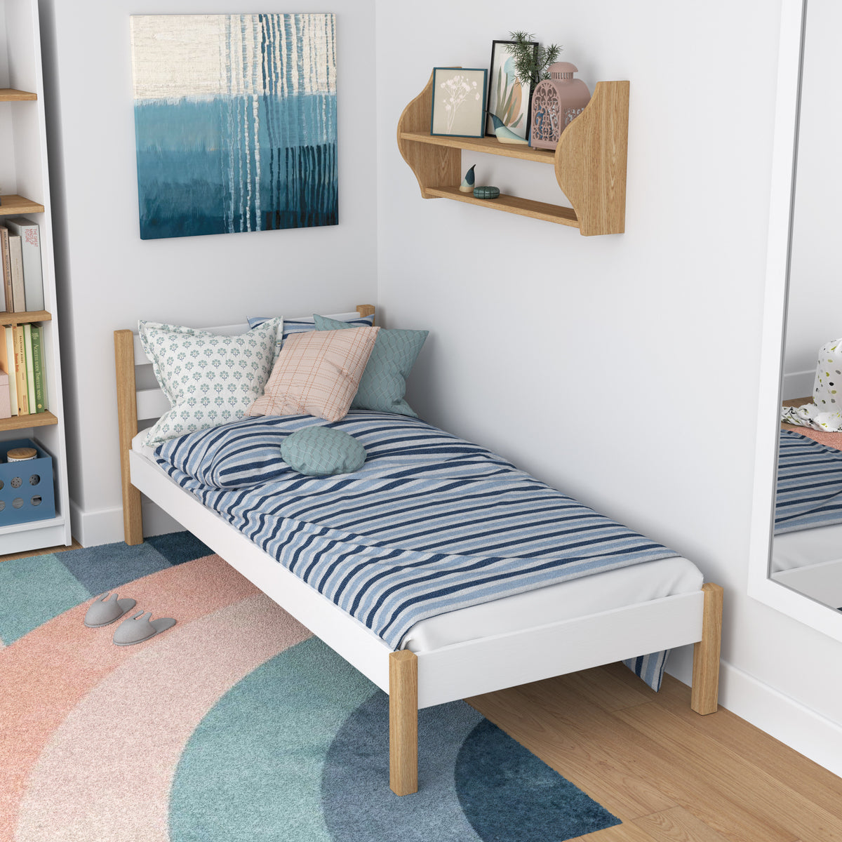 Bed white/oak in children’s room – Scandinavian arrangement, wooden