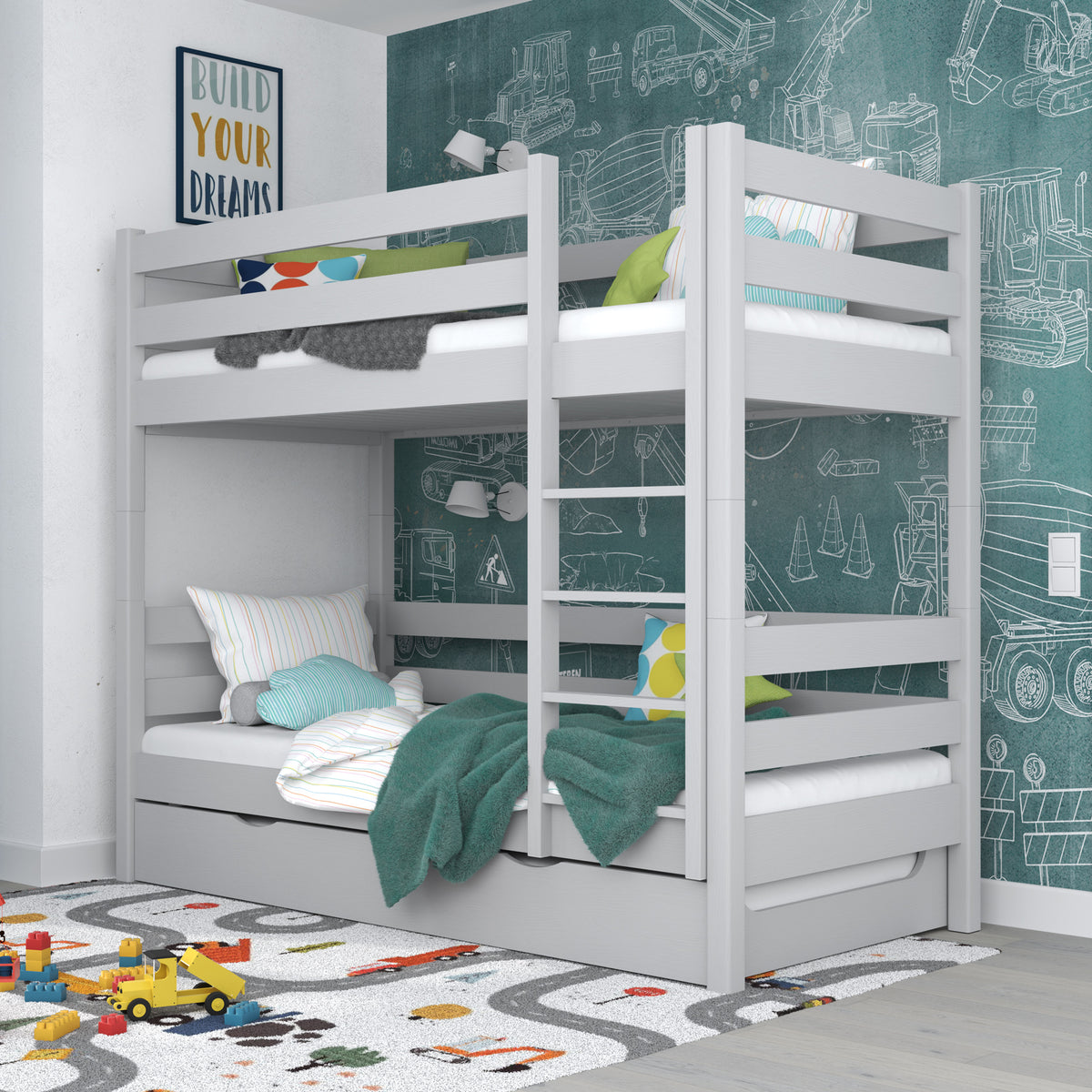 Grey Wooden Bunk Bed – Ladder, Rails, Drawer for Extra Mattress