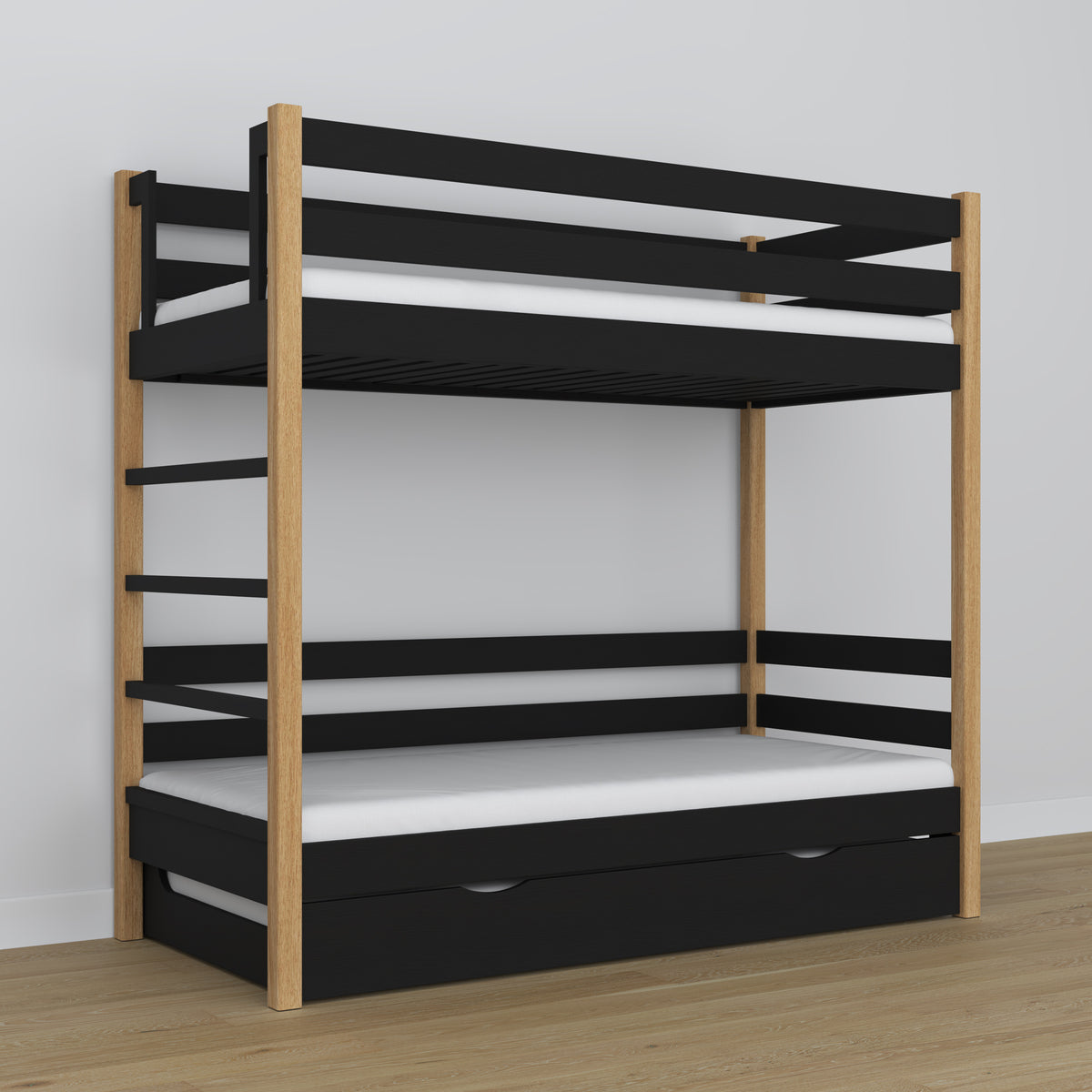 Bunk Bed with Mattress Drawer Black and Oak Wooden – Solid Wood, Scandi Style