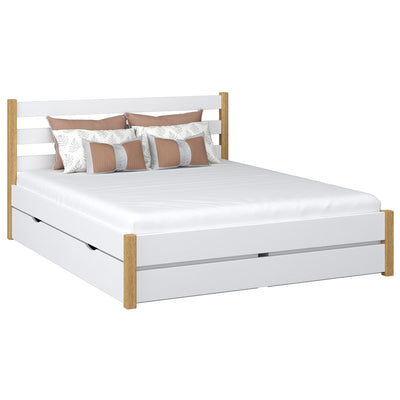 Wooden double bed with drawer N01 white / natural oak – overall view, solid wood
